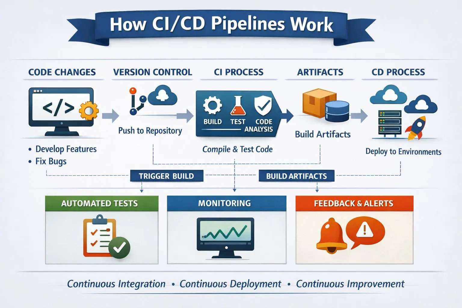 CI/CD pipeline diagram showing source control, build, automated testing, deployment, and monitoring