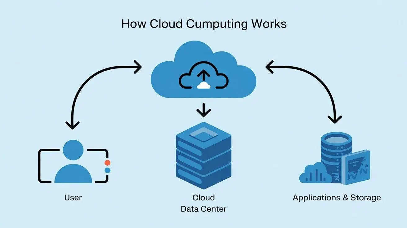 Cloud computing architecture showing users connecting to cloud servers, storage, and databases