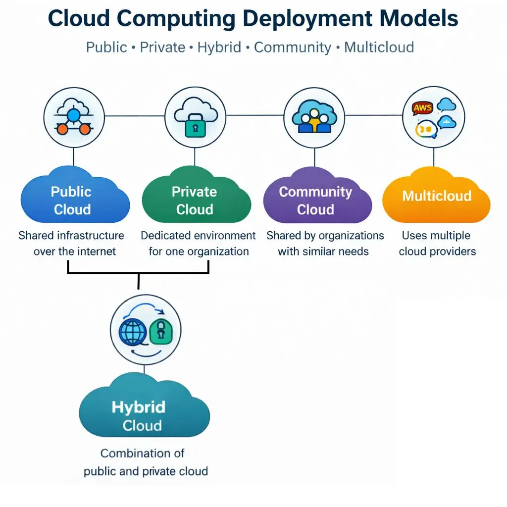 Diagram comparing public cloud, private cloud, and hybrid cloud deployment models