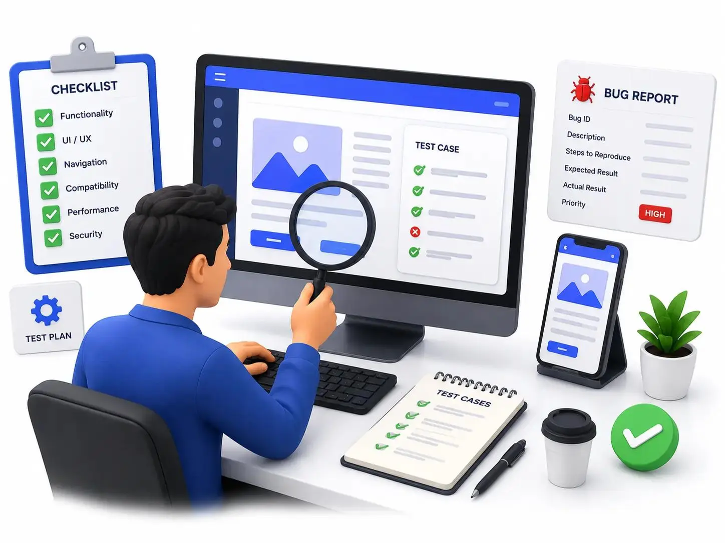 Software testing workflow showing test planning, test execution, defect reporting, and retesting